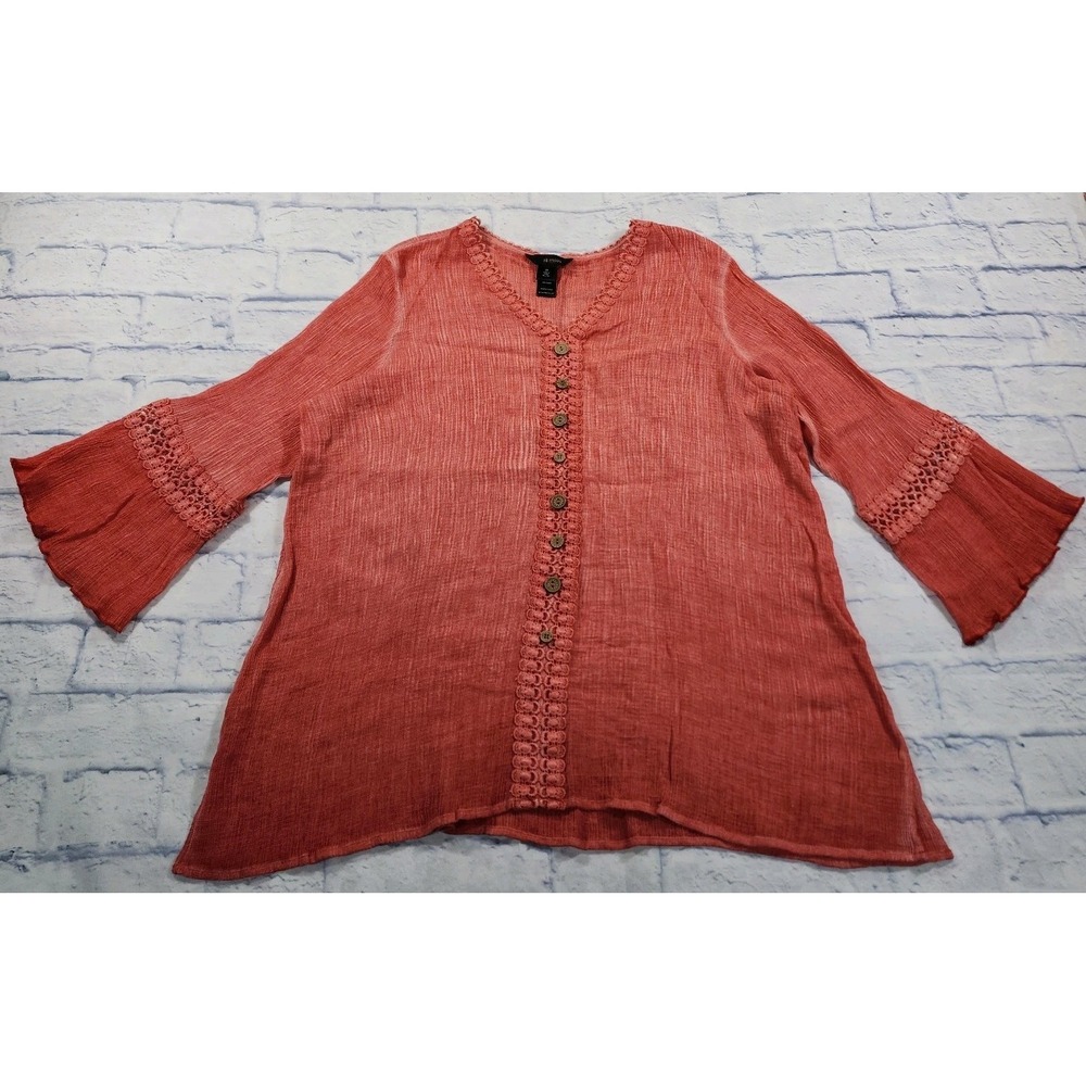 Ali Miles WOMENS 2X Crinkle V Neck Top Blouse Flounce Sleeves Ruffle Cuff Art